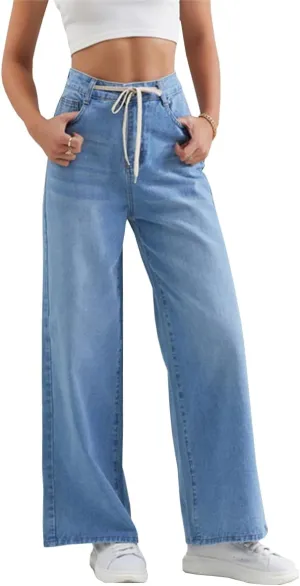 Women's Casual High Waisted Jeans Washed Stretch Drawstring Baggy Wide Leg Straight Denim Pants
