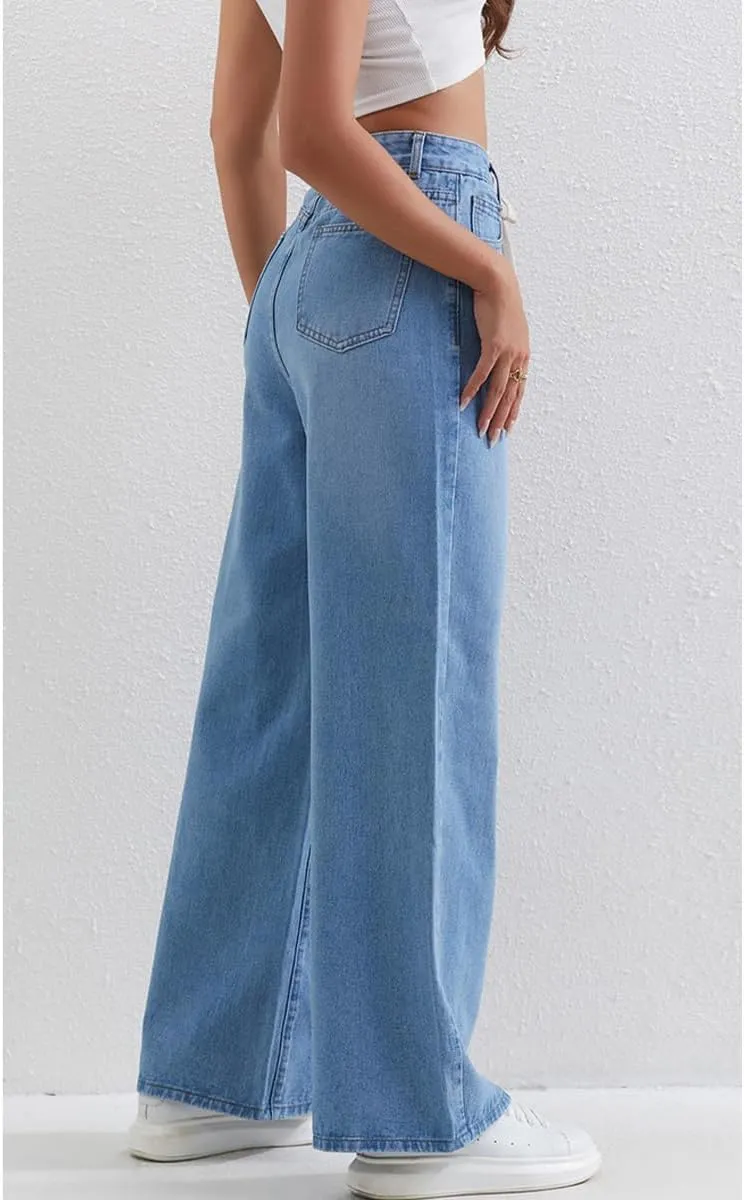 Women's Casual High Waisted Jeans Washed Stretch Drawstring Baggy Wide Leg Straight Denim Pants