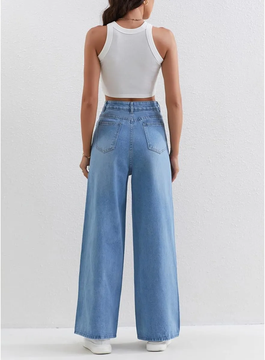 Women's Casual High Waisted Jeans Washed Stretch Drawstring Baggy Wide Leg Straight Denim Pants