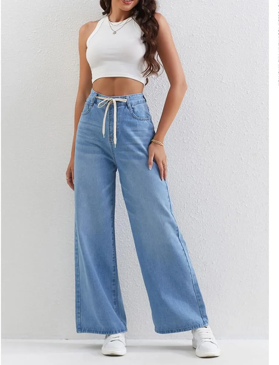 Women's Casual High Waisted Jeans Washed Stretch Drawstring Baggy Wide Leg Straight Denim Pants
