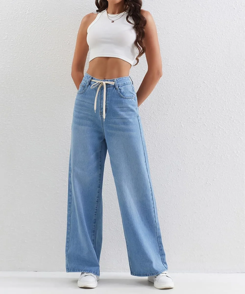 Women's Casual High Waisted Jeans Washed Stretch Drawstring Baggy Wide Leg Straight Denim Pants