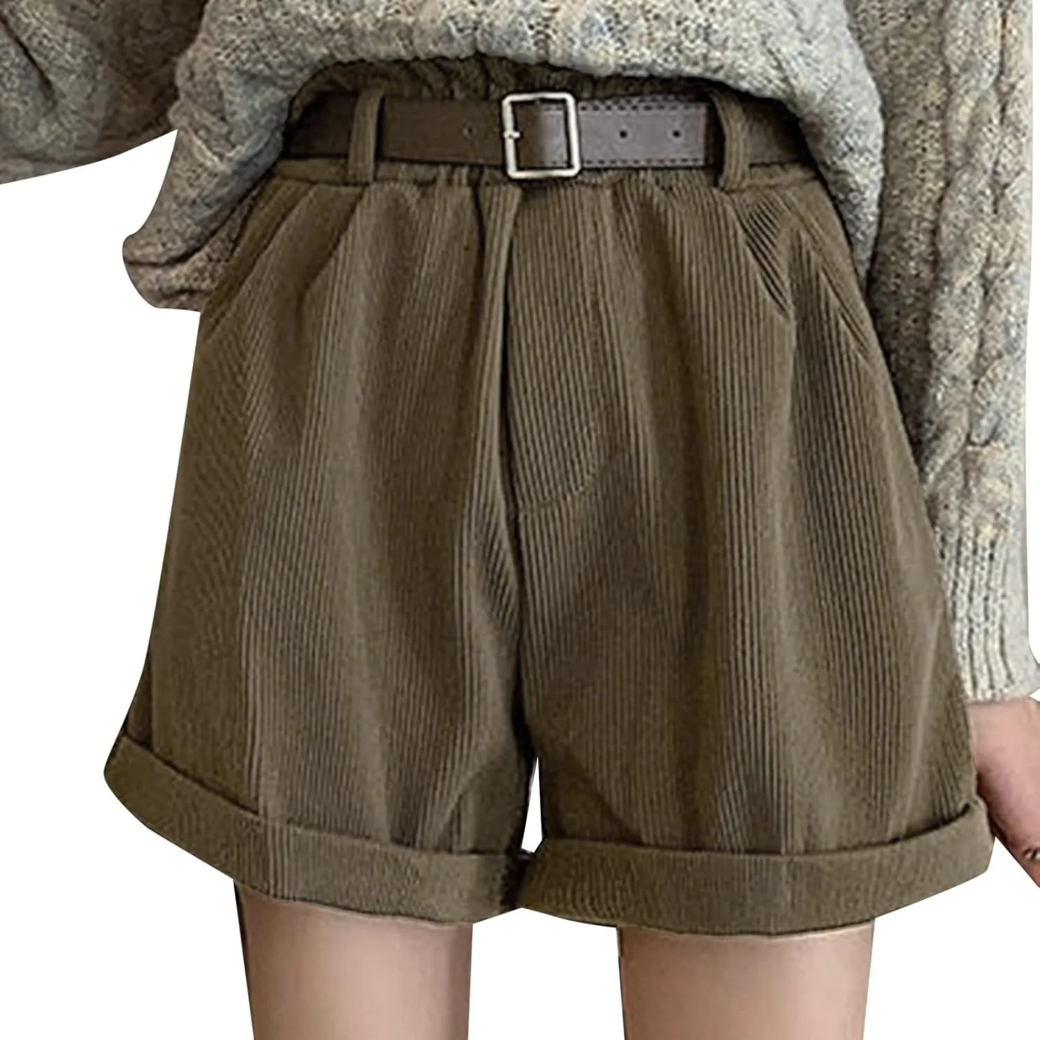 Women's Corduroy Shorts Summer High Waist Pleated Loose Casual Super Soft Pocket Corduroy Wide Leg Shorts