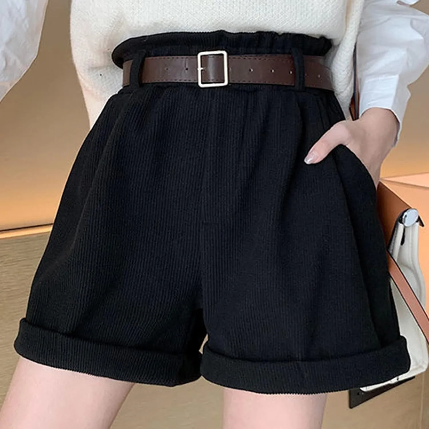Women's Corduroy Shorts Summer High Waist Pleated Loose Casual Super Soft Pocket Corduroy Wide Leg Shorts