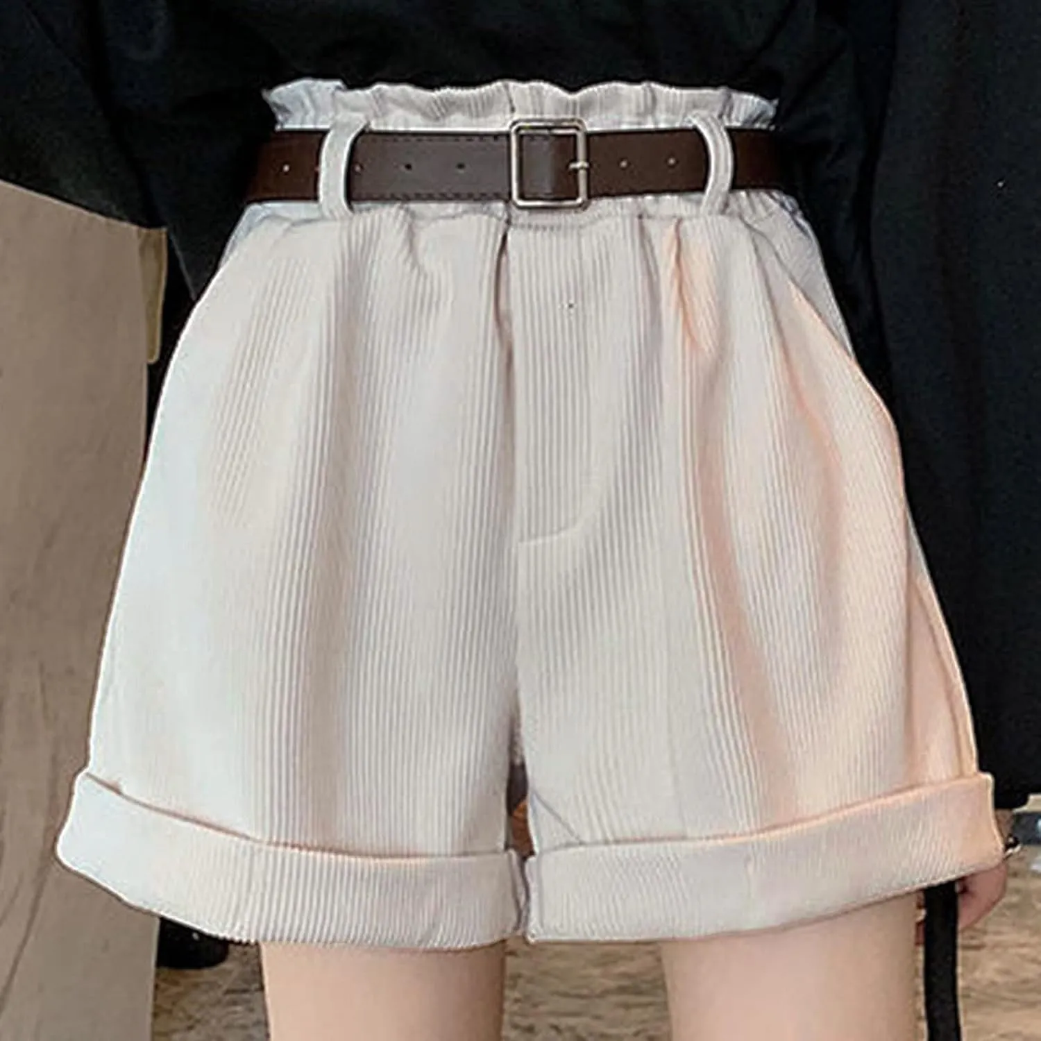 Women's Corduroy Shorts Summer High Waist Pleated Loose Casual Super Soft Pocket Corduroy Wide Leg Shorts