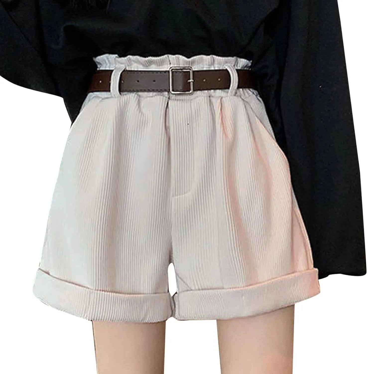 Women's Corduroy Shorts Summer High Waist Pleated Loose Casual Super Soft Pocket Corduroy Wide Leg Shorts