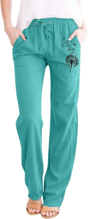 Womens Dandelions Printing Casual Trousers Drawstring High Waist Straight Leg Pant Cotton Linen Trousers with Pockets (Blue, S)