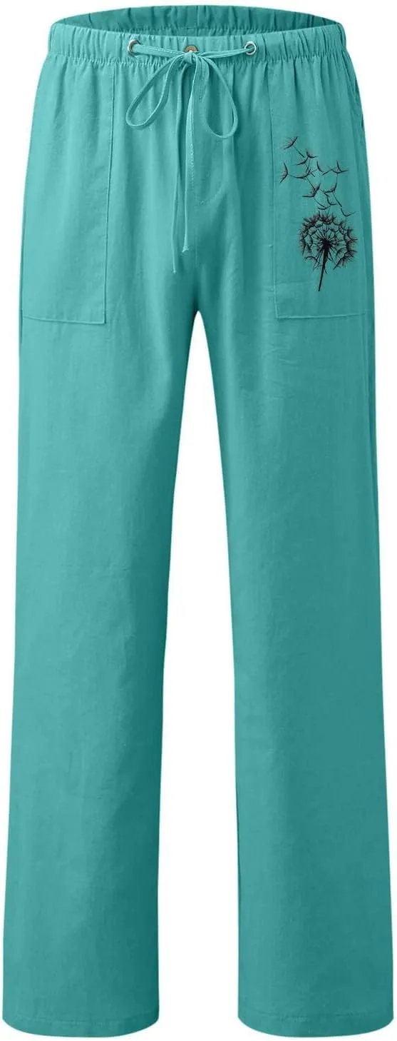 Womens Dandelions Printing Casual Trousers Drawstring High Waist Straight Leg Pant Cotton Linen Trousers with Pockets (Blue, S)