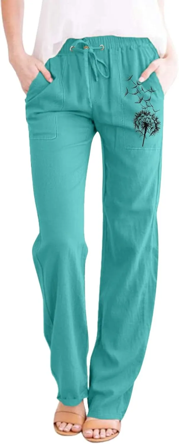 Womens Dandelions Printing Casual Trousers Drawstring High Waist Straight Leg Pant Cotton Linen Trousers with Pockets (Blue, S)