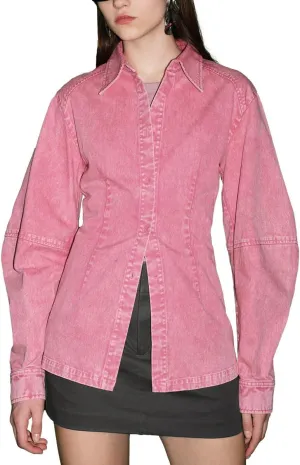 Women's Denim Button Down Denim Jackets Button Up Tunics Long Sleeve Shirt Solid High Low Blouse Tops