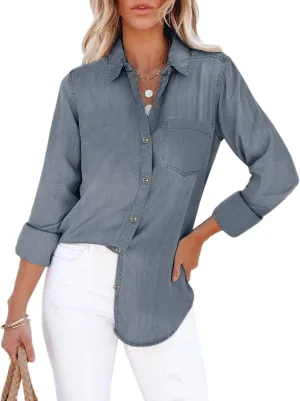 Women's Denim Button Down Shirt with Pockets Chambray Cotton Button Up Tunics Long Sleeve Solid High Low Blouse Tops