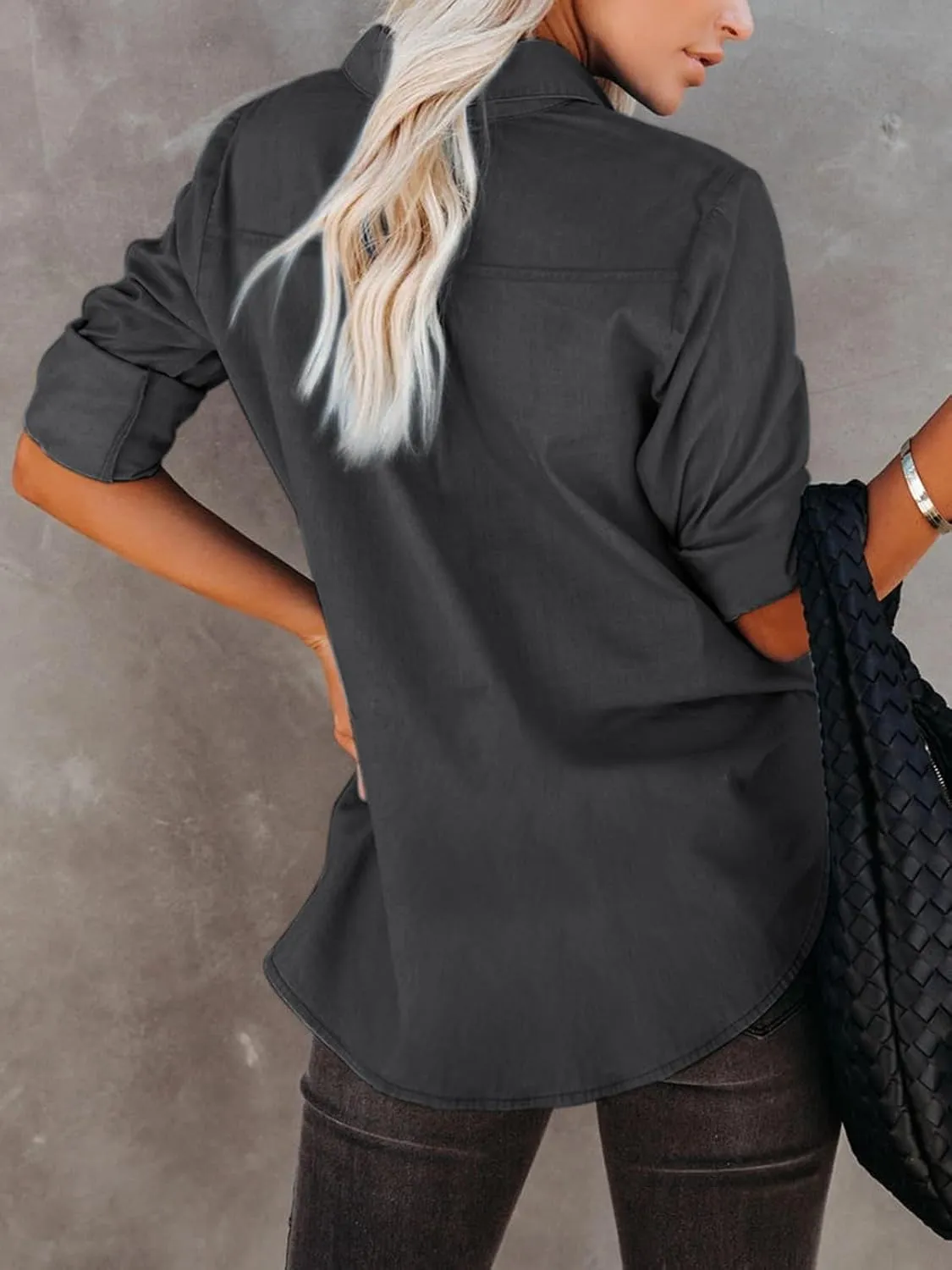 Women's Denim Button Down Shirt with Pockets Chambray Cotton Button Up Tunics Long Sleeve Solid High Low Blouse Tops