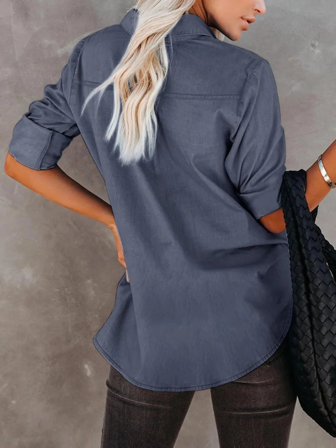 Women's Denim Button Down Shirt with Pockets Chambray Cotton Button Up Tunics Long Sleeve Solid High Low Blouse Tops