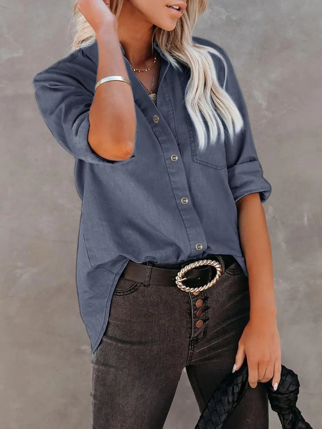 Women's Denim Button Down Shirt with Pockets Chambray Cotton Button Up Tunics Long Sleeve Solid High Low Blouse Tops