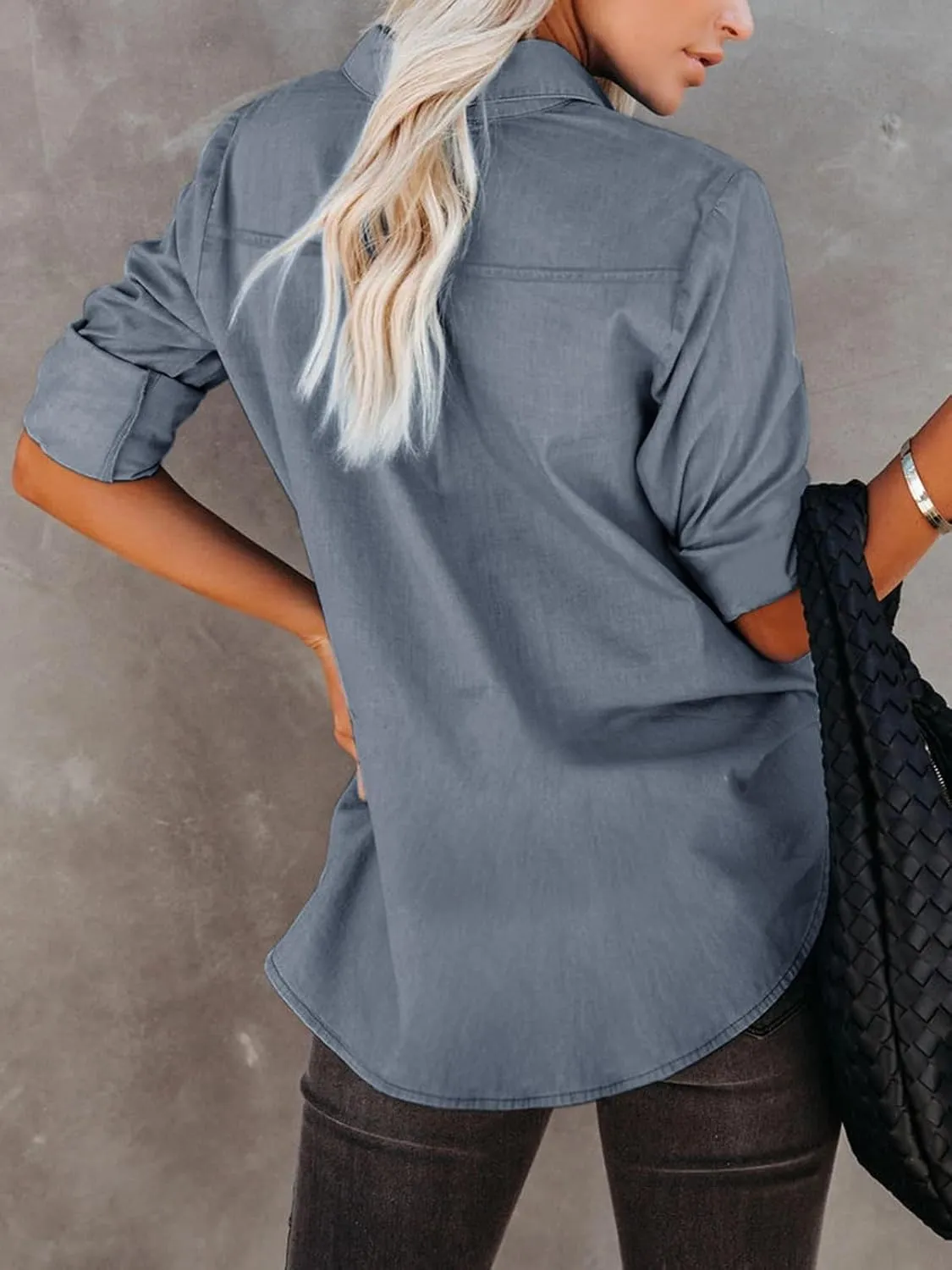 Women's Denim Button Down Shirt with Pockets Chambray Cotton Button Up Tunics Long Sleeve Solid High Low Blouse Tops