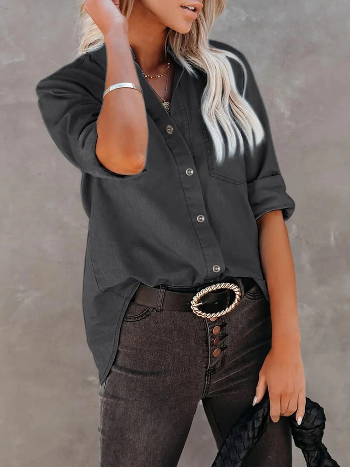 Women's Denim Button Down Shirt with Pockets Chambray Cotton Button Up Tunics Long Sleeve Solid High Low Blouse Tops