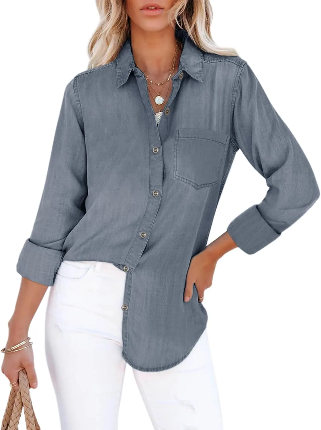 Women's Denim Button Down Shirt with Pockets Chambray Cotton Button Up Tunics Long Sleeve Solid High Low Blouse Tops