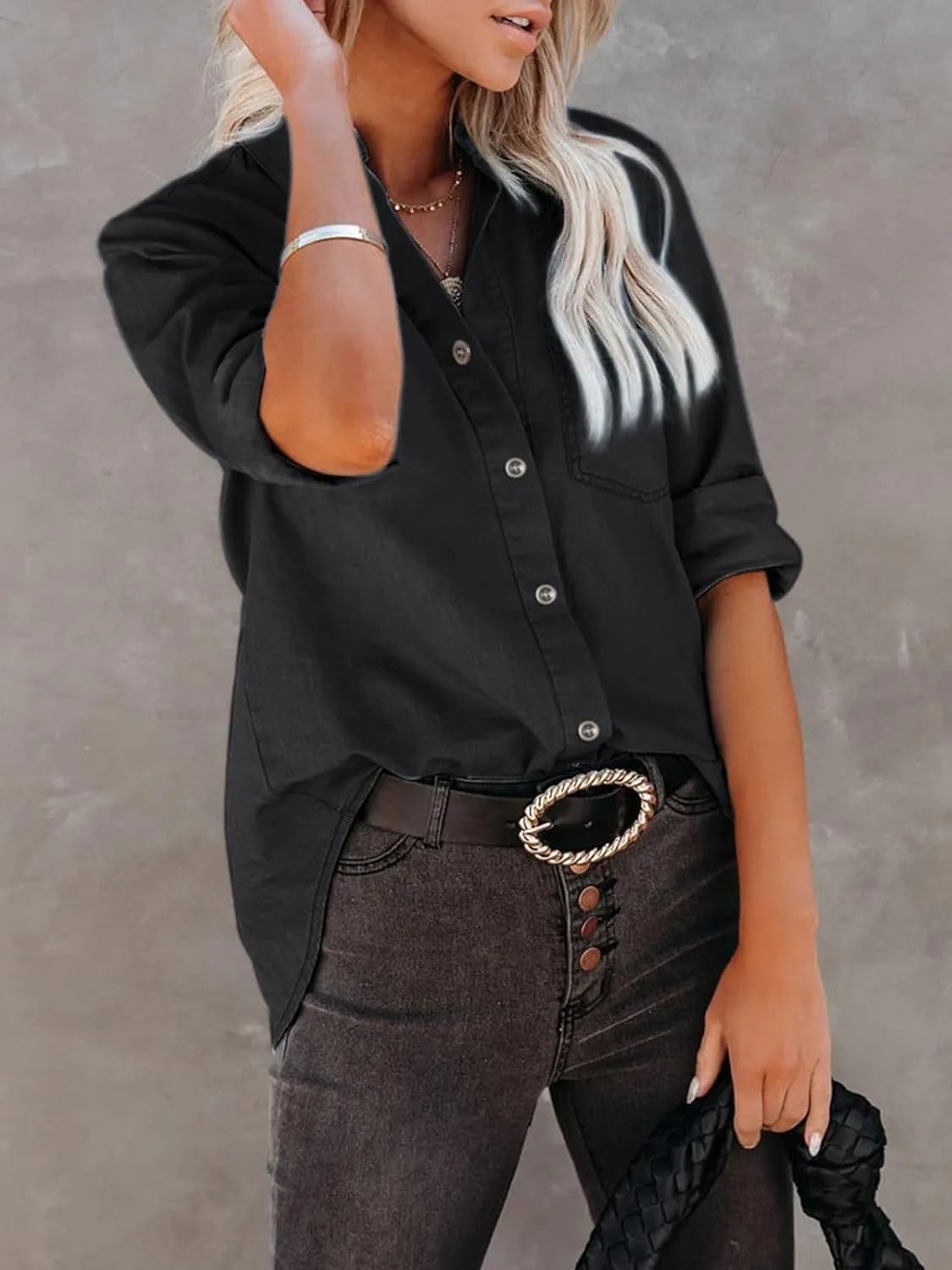 Women's Denim Button Down Shirt with Pockets Chambray Cotton Button Up Tunics Long Sleeve Solid High Low Blouse Tops