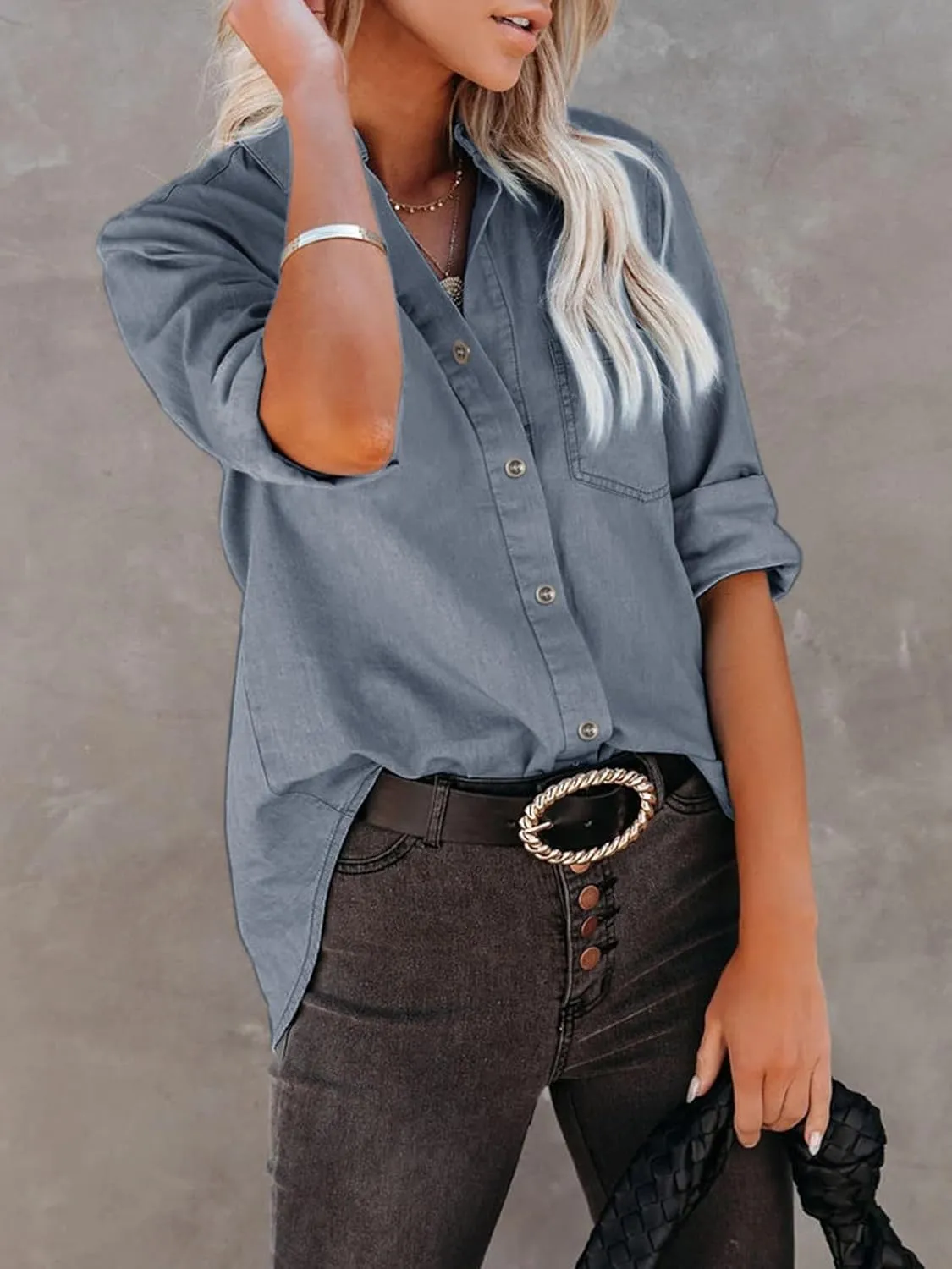 Women's Denim Button Down Shirt with Pockets Chambray Cotton Button Up Tunics Long Sleeve Solid High Low Blouse Tops