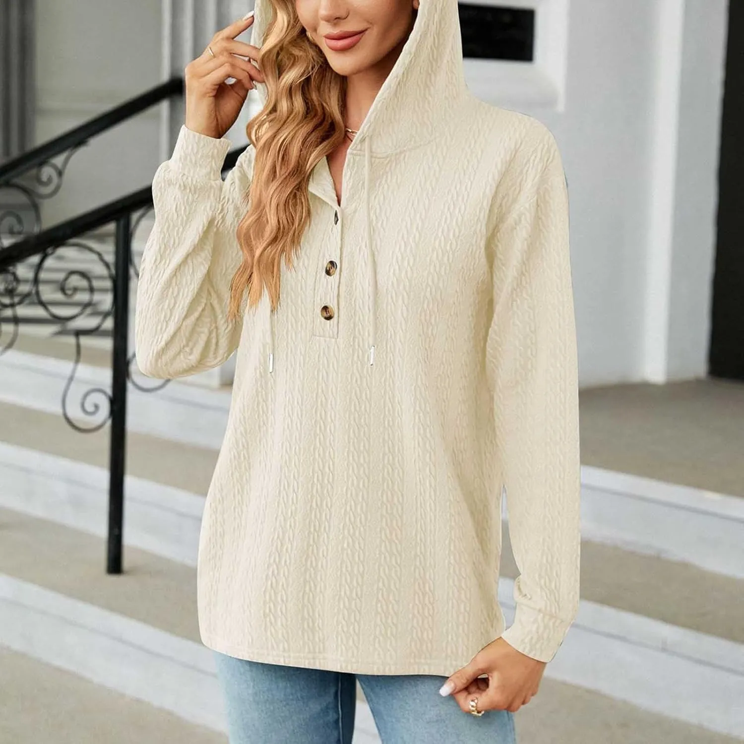 Womens Fall Fashion Hoodies 2023 Casual Elegant Button Down Hooded Sweatshirt Long Sleeve Pullover Sweater Tops