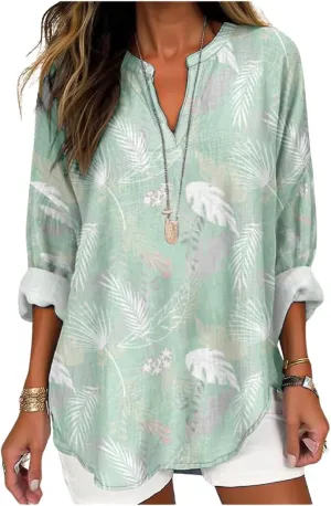 Womens Hawaiian Shirts and Blouses Long Sleeve V Neck Flamingo Print Breathable Summer Plam Leaf Floral Tshirt