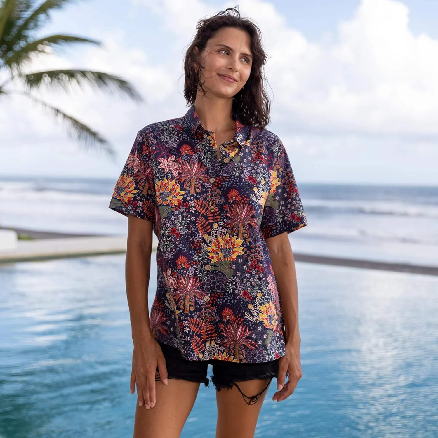 Womens Hawaiian Shirts Tropical Print Short Sleeve Button Down Shirt Casual Hawaii Beach Top Blouse