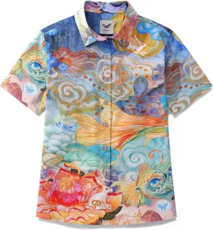 Womens Hawaiian Shirts Tropical Print Short Sleeve Button Down Shirt Casual Hawaii Beach Top Blouse