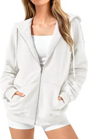 Womens Hoodies Zip Up Ribbed Knitted Fleece Sweatshirt Long Sleeve Oversized Sweaters with Pockets Fall Outfits 2024