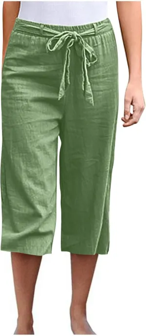 Women's Imitation Cotton and Linen Pants Elastic Waist Drawstring Capri Pants with Pockets Straight Leg Trousers