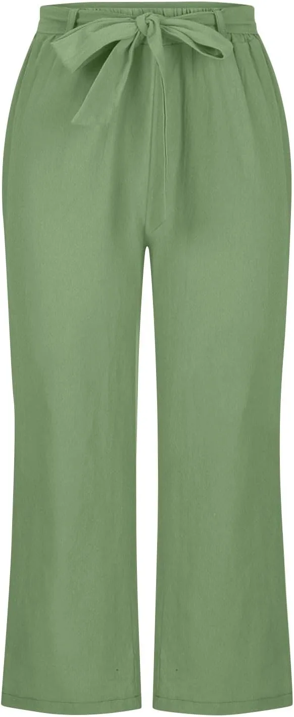 Women's Imitation Cotton and Linen Pants Elastic Waist Drawstring Capri Pants with Pockets Straight Leg Trousers