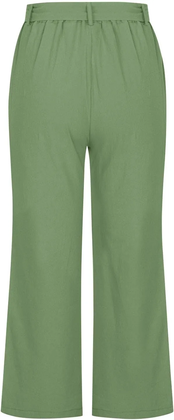 Women's Imitation Cotton and Linen Pants Elastic Waist Drawstring Capri Pants with Pockets Straight Leg Trousers