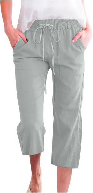 Women's Joggers Casual Straight Leg Capri Soft Pants Elastic Waist Lightweight Beach Capri Trouser with Pockets