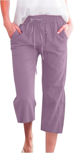 Women's Joggers Casual Straight Leg Capri Soft Pants Elastic Waist Lightweight Beach Capri Trouser with Pockets
