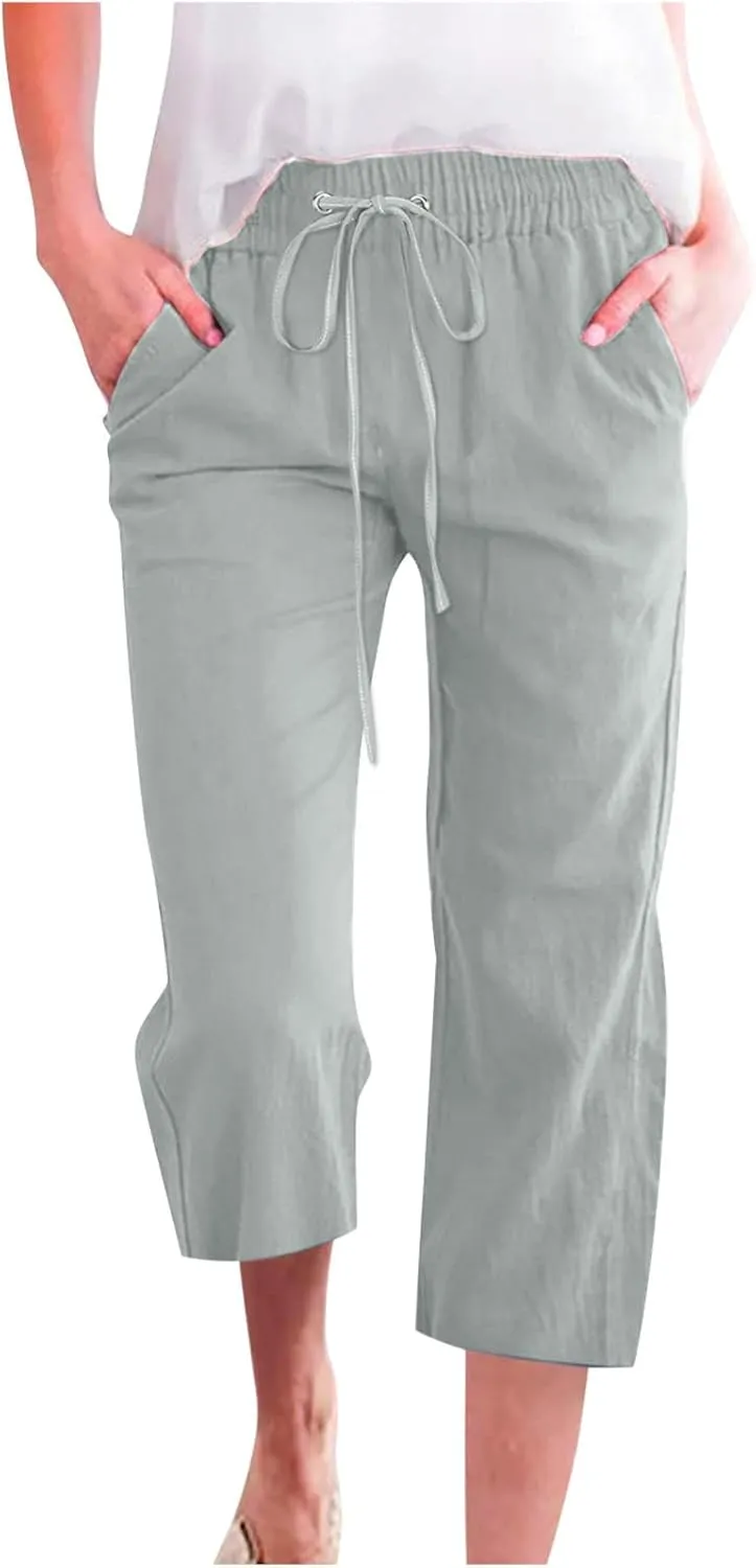 Women's Joggers Casual Straight Leg Capri Soft Pants Elastic Waist Lightweight Beach Capri Trouser with Pockets