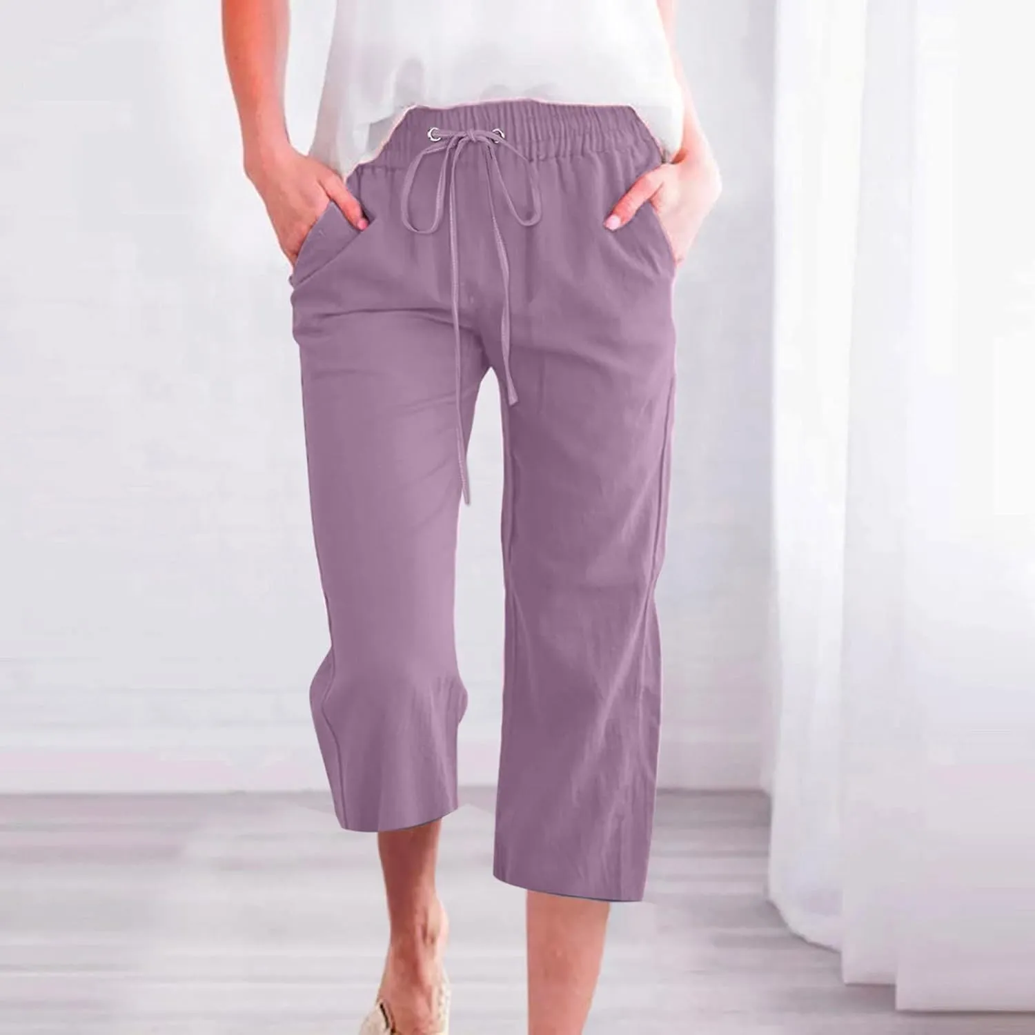 Women's Joggers Casual Straight Leg Capri Soft Pants Elastic Waist Lightweight Beach Capri Trouser with Pockets