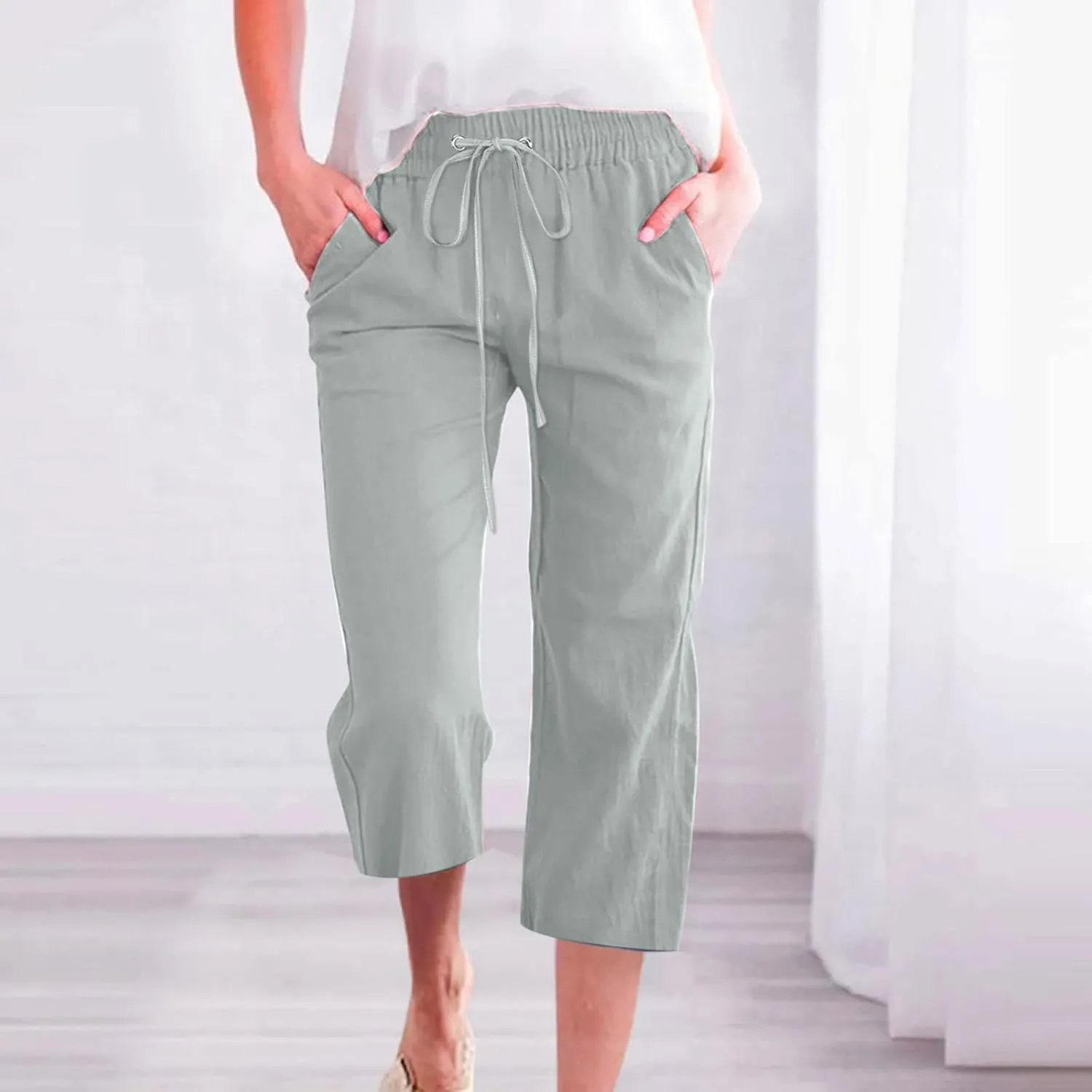 Women's Joggers Casual Straight Leg Capri Soft Pants Elastic Waist Lightweight Beach Capri Trouser with Pockets