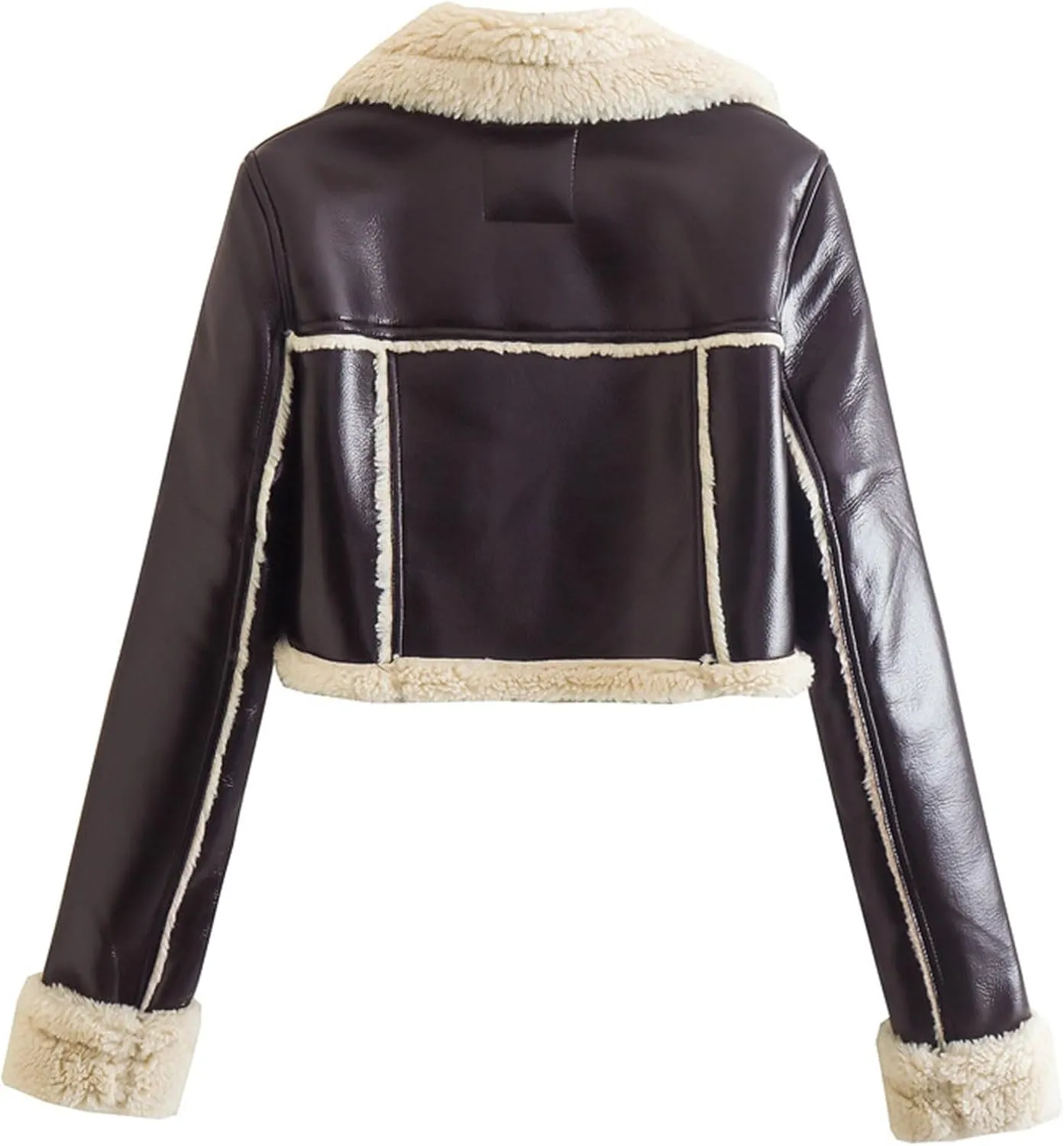 Womens Leather Jacket Faux Fur Shearling Moto Jacket Thicken Fleece Lined Winter Fluffy Coats Cropped Bomber Jacket