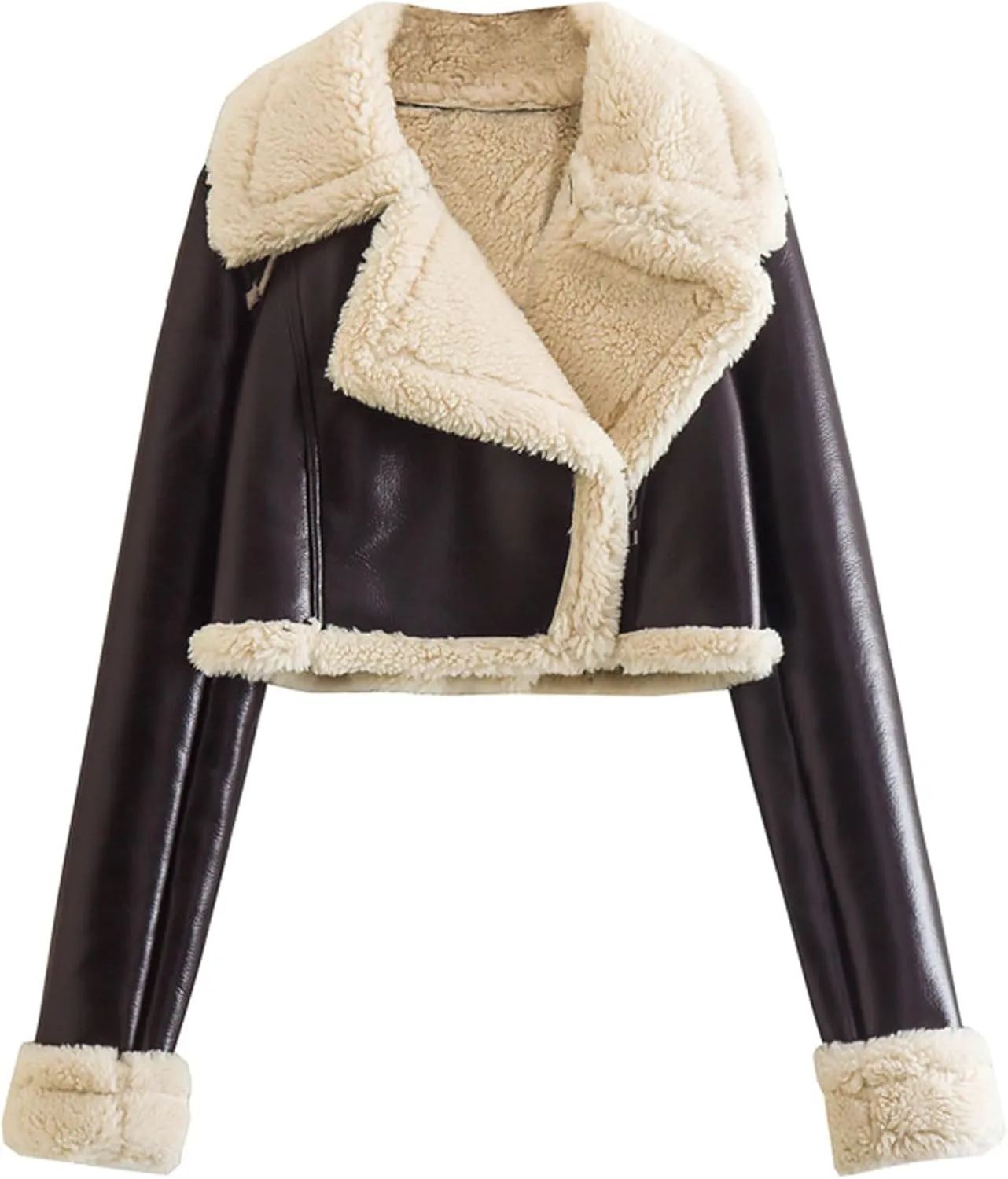 Womens Leather Jacket Faux Fur Shearling Moto Jacket Thicken Fleece Lined Winter Fluffy Coats Cropped Bomber Jacket