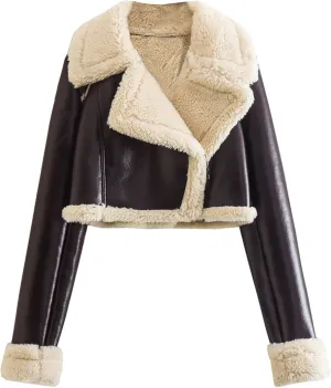 Womens Leather Jacket Faux Fur Shearling Moto Jacket Thicken Fleece Lined Winter Fluffy Coats Cropped Bomber Jacket