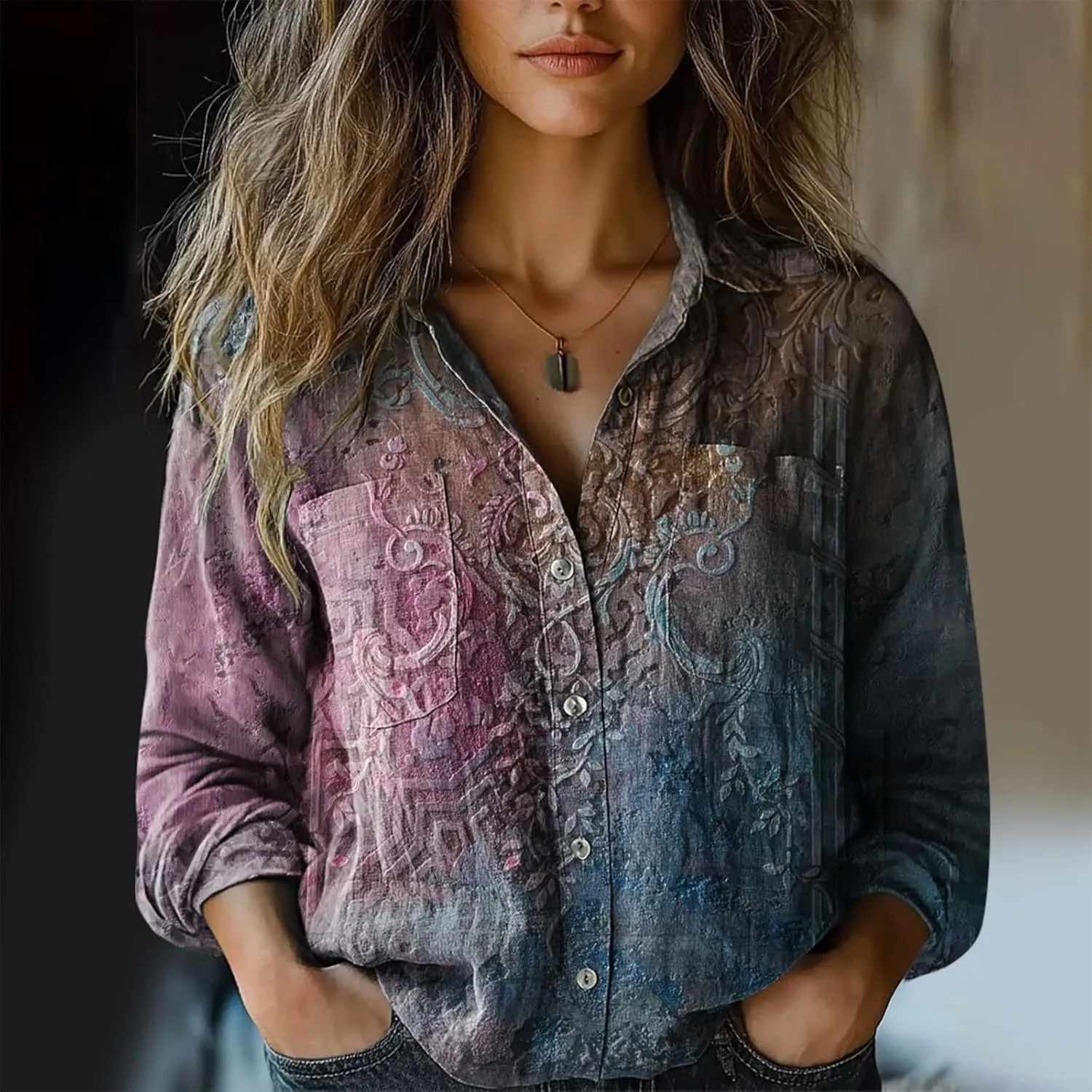 Womens Linen Button Down Shirts Long Sleeve V Neck Boho Floral Graphic Tops Collared Loose Fit Summer Casual Blouses