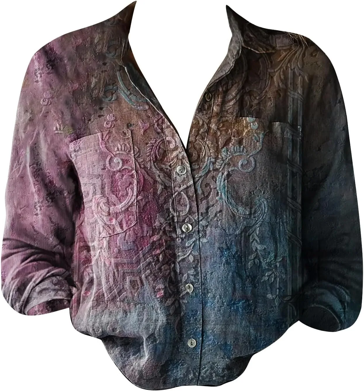 Womens Linen Button Down Shirts Long Sleeve V Neck Boho Floral Graphic Tops Collared Loose Fit Summer Casual Blouses