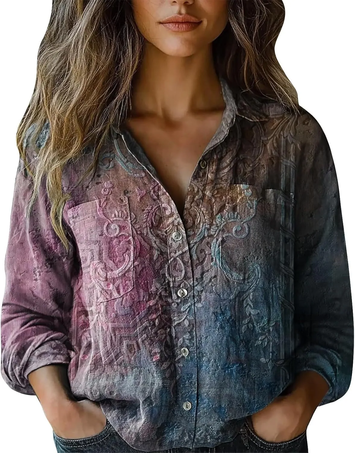 Womens Linen Button Down Shirts Long Sleeve V Neck Boho Floral Graphic Tops Collared Loose Fit Summer Casual Blouses