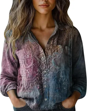Womens Linen Button Down Shirts Long Sleeve V Neck Boho Floral Graphic Tops Collared Loose Fit Summer Casual Blouses
