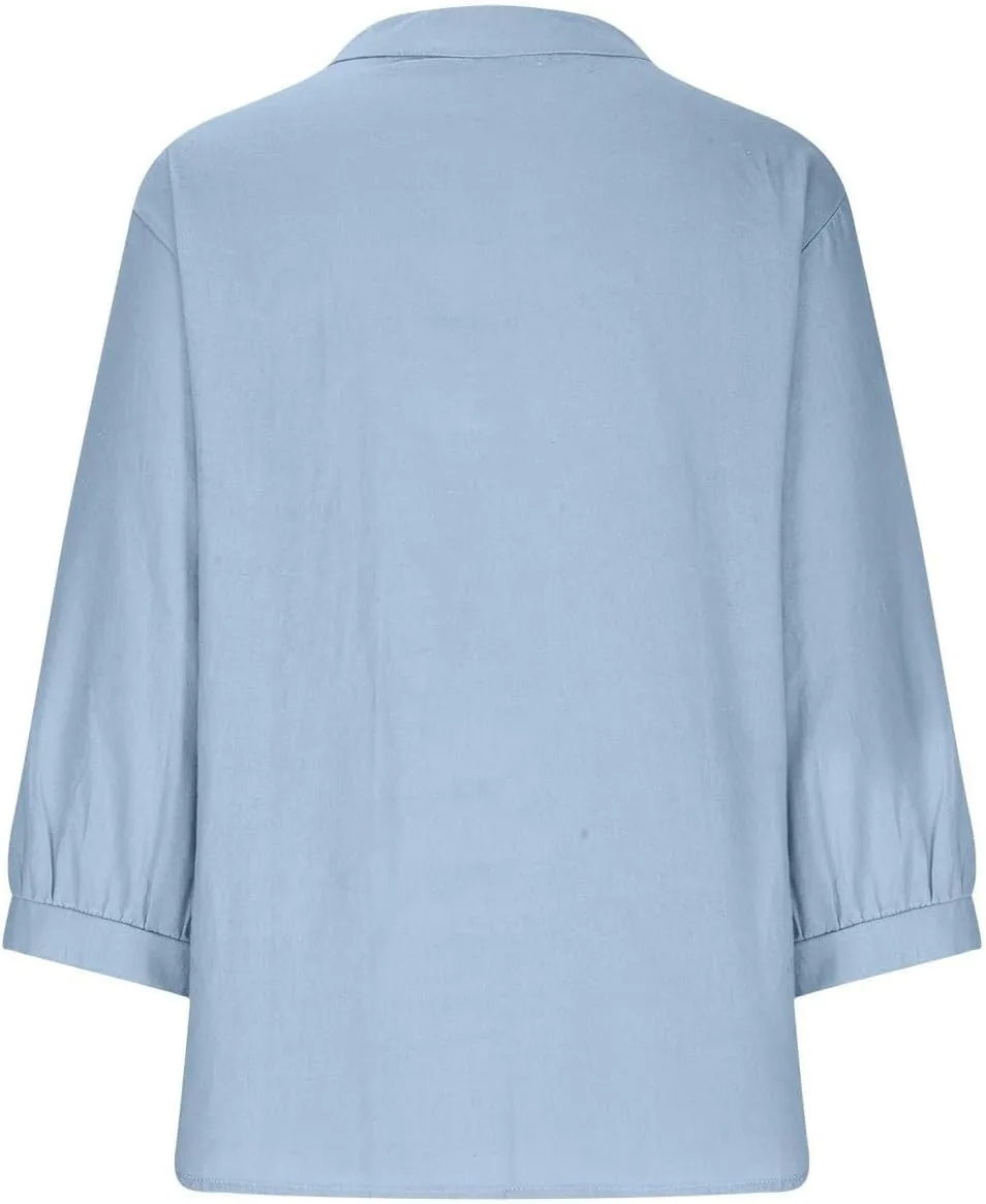 Women's Linen Button Down Shirts Summer Short Sleeve V Neck Floral Tshirts Plain Blouses Casual Loose Fit Tunic Tops