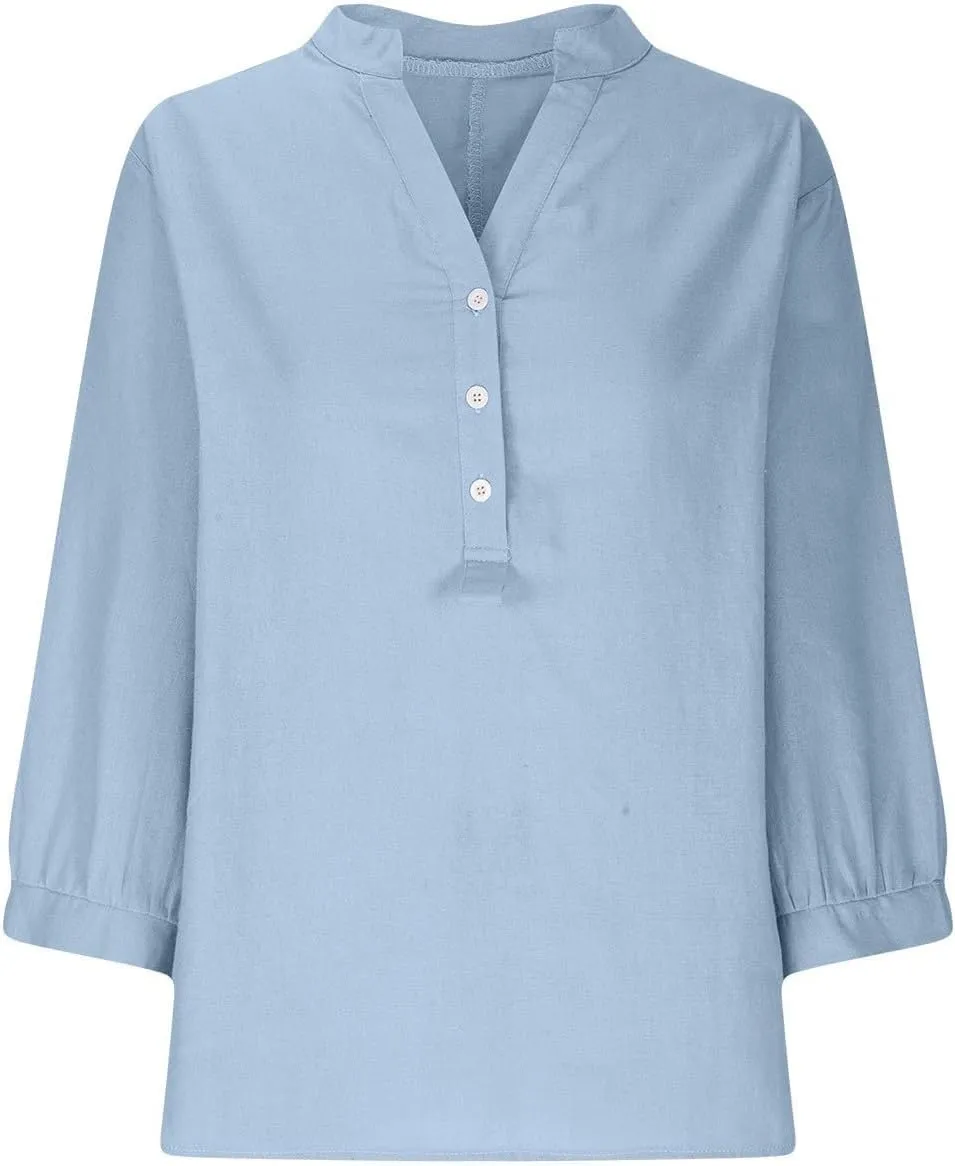 Women's Linen Button Down Shirts Summer Short Sleeve V Neck Floral Tshirts Plain Blouses Casual Loose Fit Tunic Tops