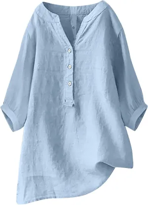 Women's Linen Button Down Shirts Summer Short Sleeve V Neck Floral Tshirts Plain Blouses Casual Loose Fit Tunic Tops