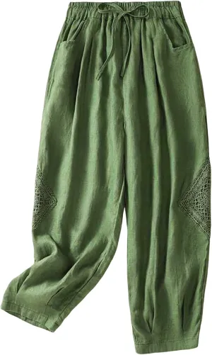 Womens Linen Lounge Trousers Solid Color Loose Straight Leg Pants Plus Size Elastic Waist Casual Trousers Daily Pants