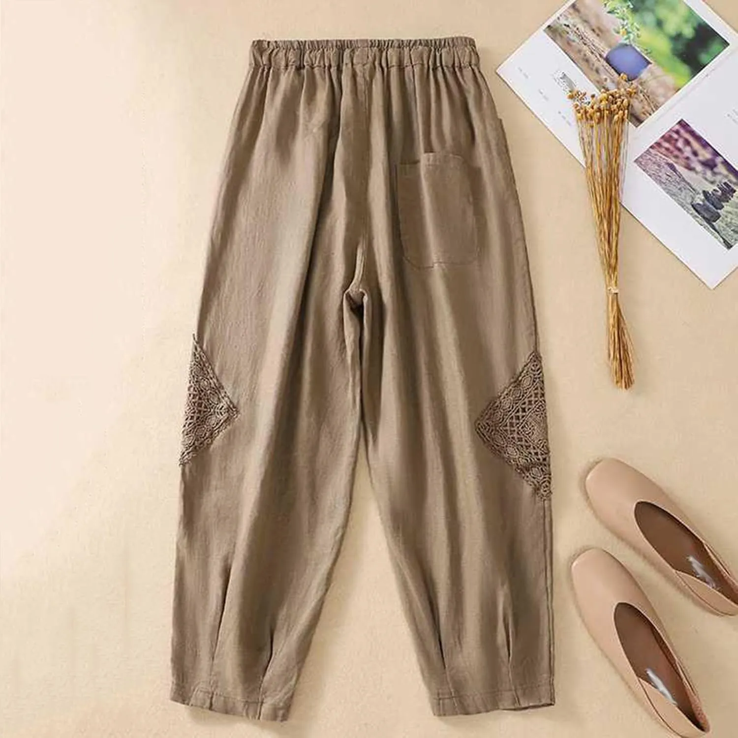Womens Linen Lounge Trousers Solid Color Loose Straight Leg Pants Plus Size Elastic Waist Casual Trousers Daily Pants
