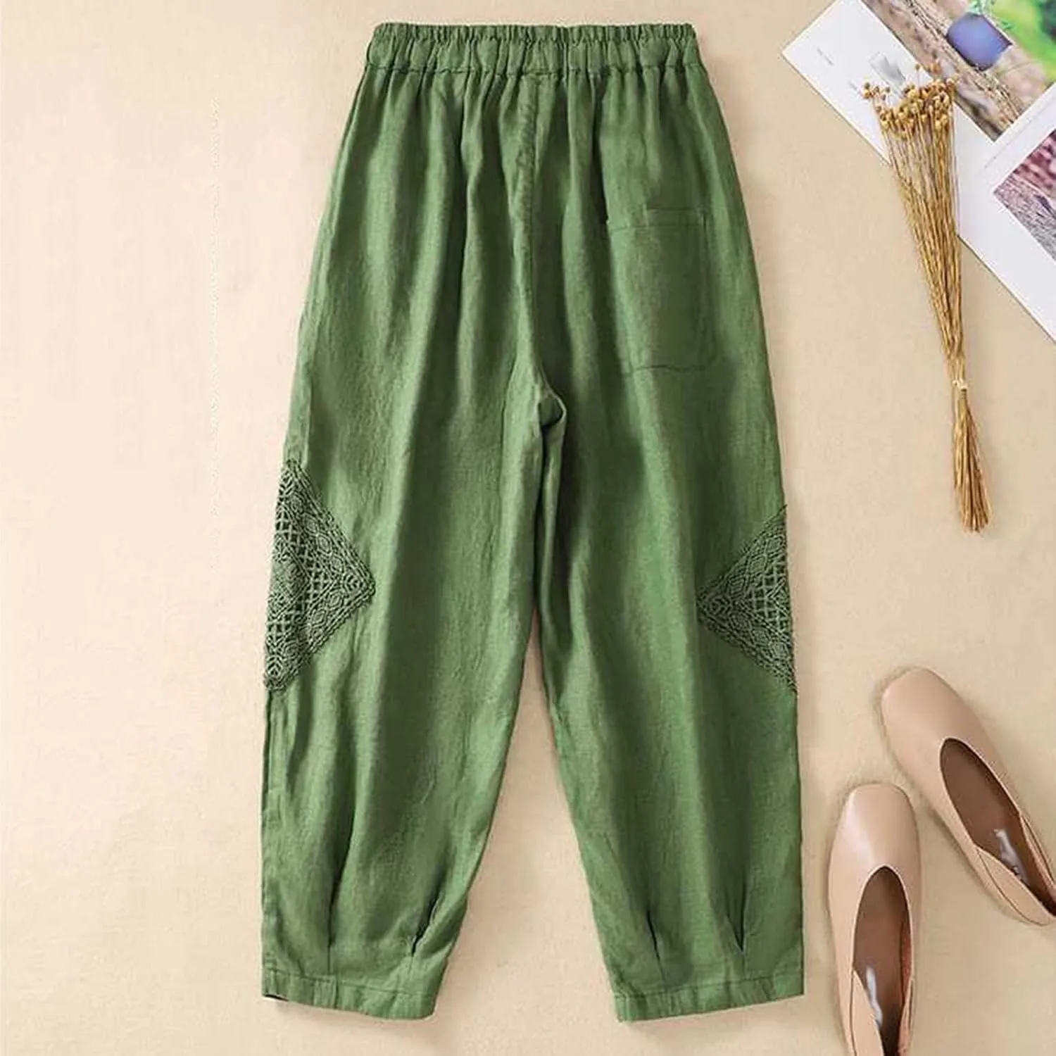 Womens Linen Lounge Trousers Solid Color Loose Straight Leg Pants Plus Size Elastic Waist Casual Trousers Daily Pants
