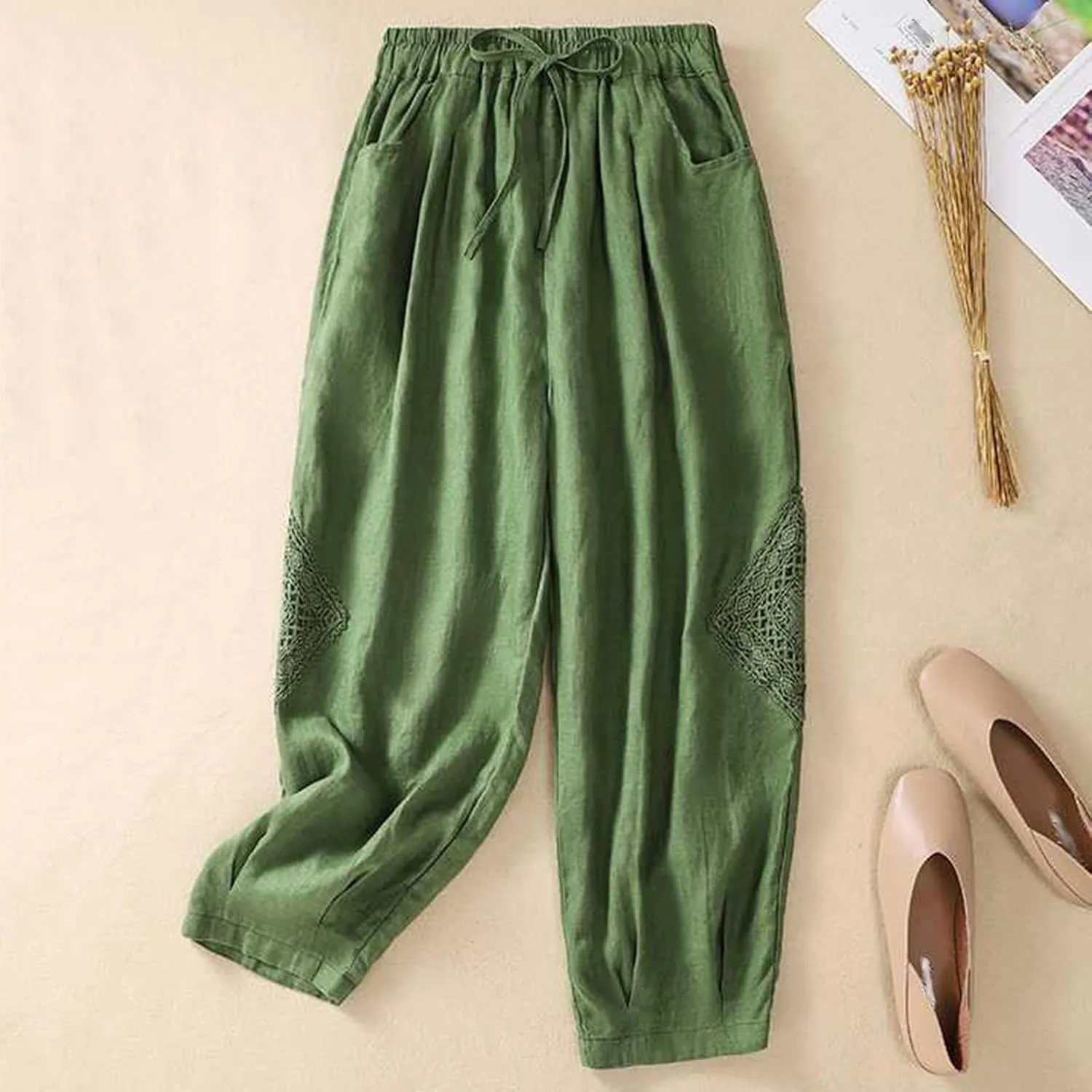 Womens Linen Lounge Trousers Solid Color Loose Straight Leg Pants Plus Size Elastic Waist Casual Trousers Daily Pants