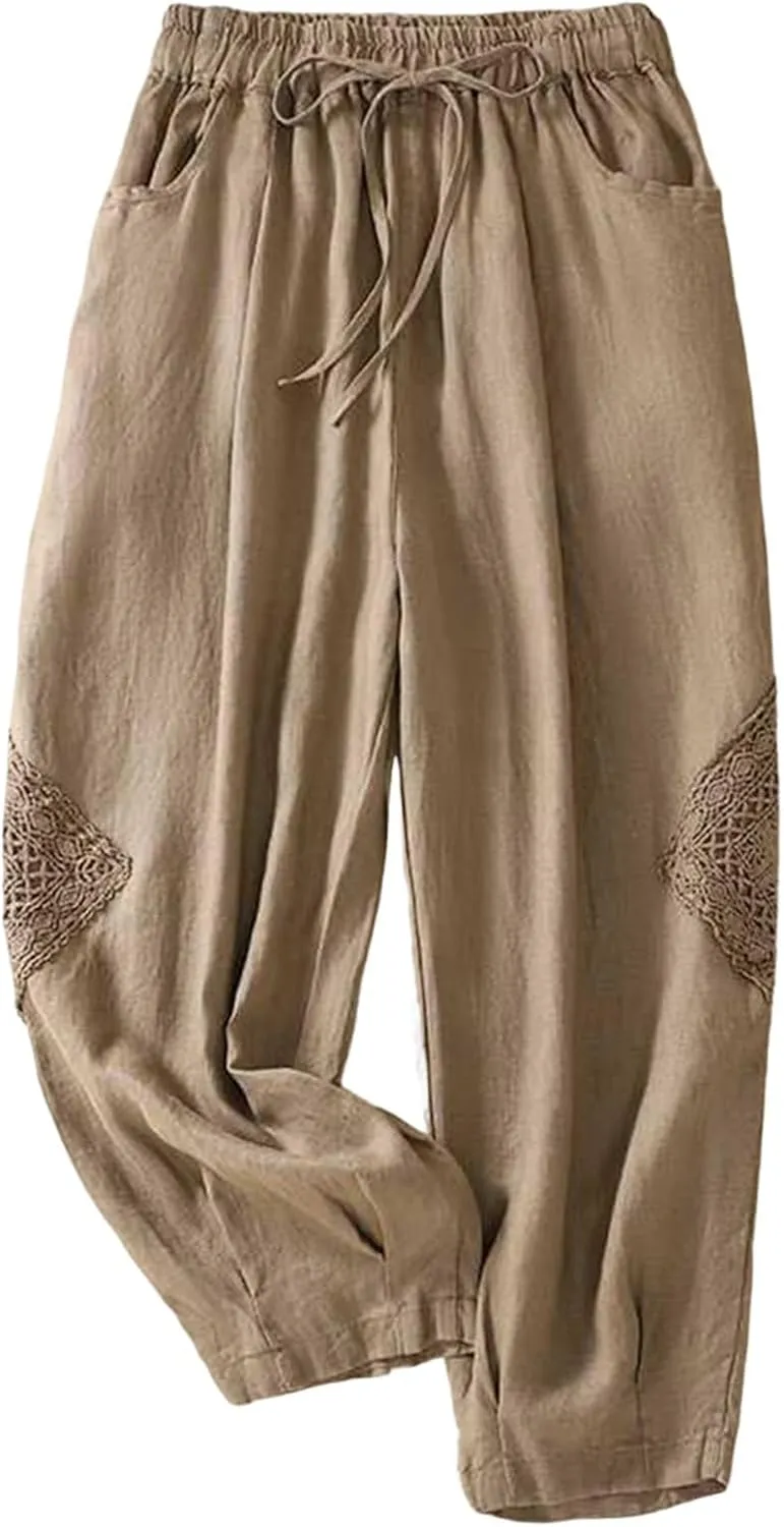 Womens Linen Lounge Trousers Solid Color Loose Straight Leg Pants Plus Size Elastic Waist Casual Trousers Daily Pants